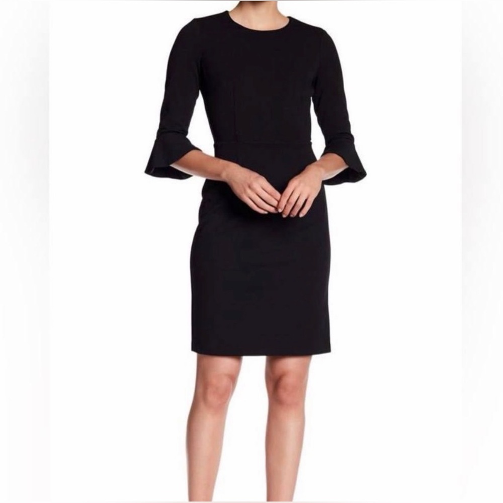 Donna Morgan Black Crepe Sheath Midi Dress with Bell Sleeves (6)